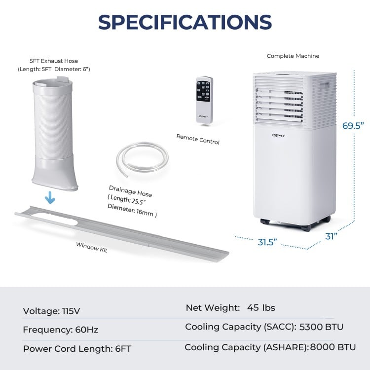 Portable Air Conditioner 8000 BTU 3-in-1 Air Conditioner with Dehumidifier and Fan Mode
