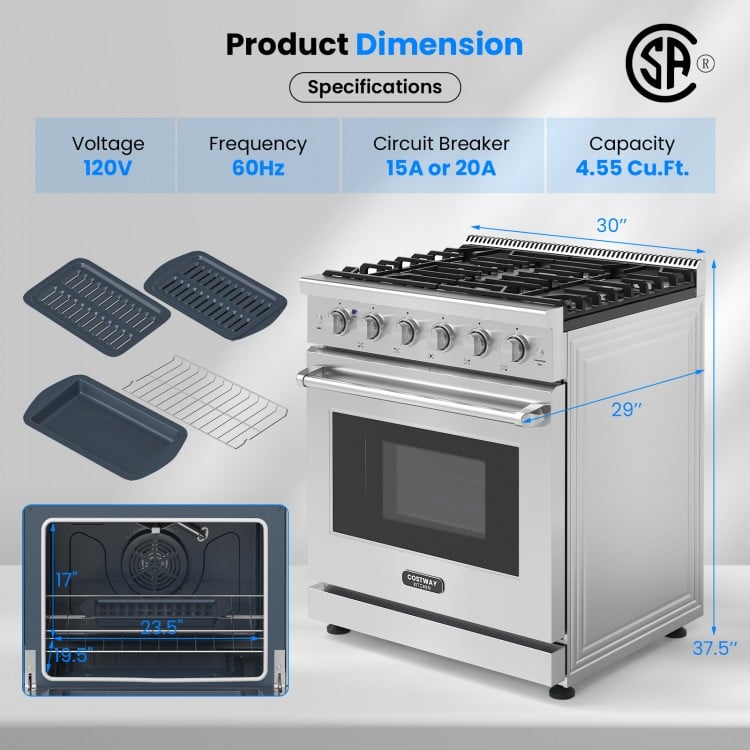 Costway 30 Inches 120V Natural Gas Range with 5 Burners Cooktop