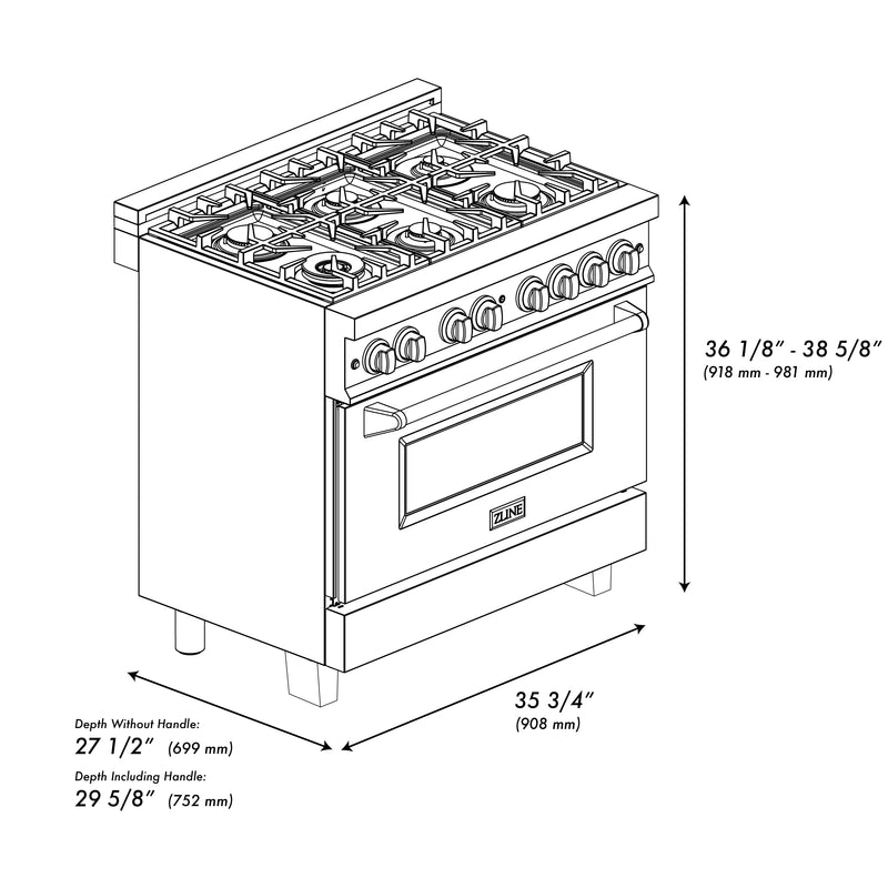 ZLINE Legacy Series Autograph Edition 36-inch Dual Fuel Range with 6 Gas Burner Stove and 4.6 Cu. Ft. Electric Oven in Black Stainless Steel with Gold Accents (RABZ-36-G)