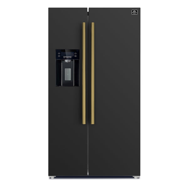 FORNO Espresso Salerno 36" 20 cu. ft. Side-By-Side Refrigerator with Water and Ice Dispenser in Black with Antique Brass Handles