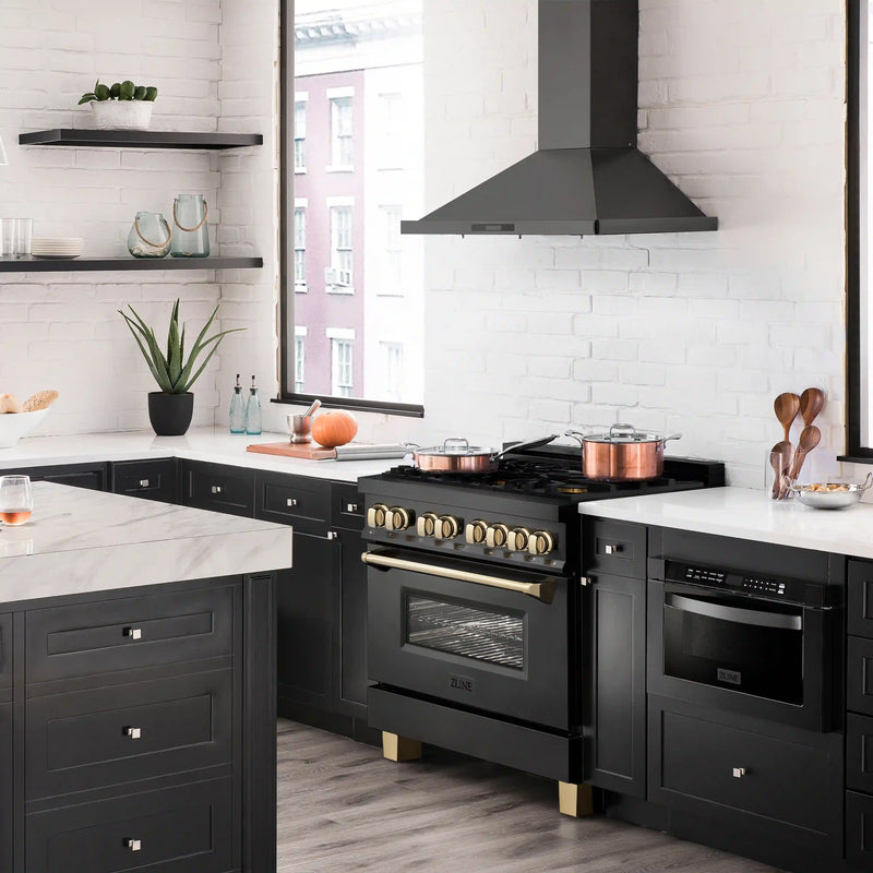 ZLINE Legacy Series Autograph Edition 36-inch Dual Fuel Range with 6 Gas Burner Stove and 4.6 Cu. Ft. Electric Oven in Black Stainless Steel with Gold Accents (RABZ-36-G)