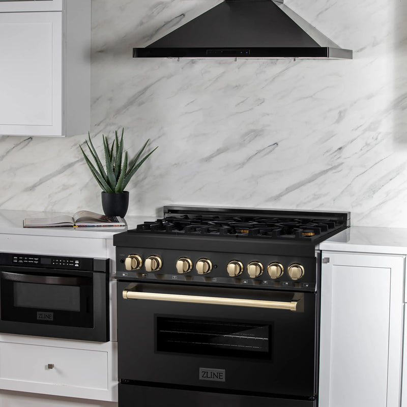 ZLINE Legacy Series Autograph Edition 36-inch Dual Fuel Range with 6 Gas Burner Stove and 4.6 Cu. Ft. Electric Oven in Black Stainless Steel with Gold Accents (RABZ-36-G)