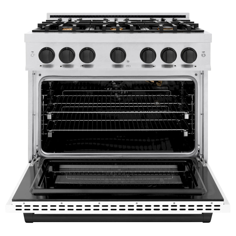 ZLINE Autograph Edition 36-Inch Select Series Gas Range with 6 Burner Cooktop and 5.2 Cu. Ft. Gas Convection Gas Oven in Satin Stainless Steel with White Matte Door and Matte Black Accents (HGRSZ-WM-36-MB)